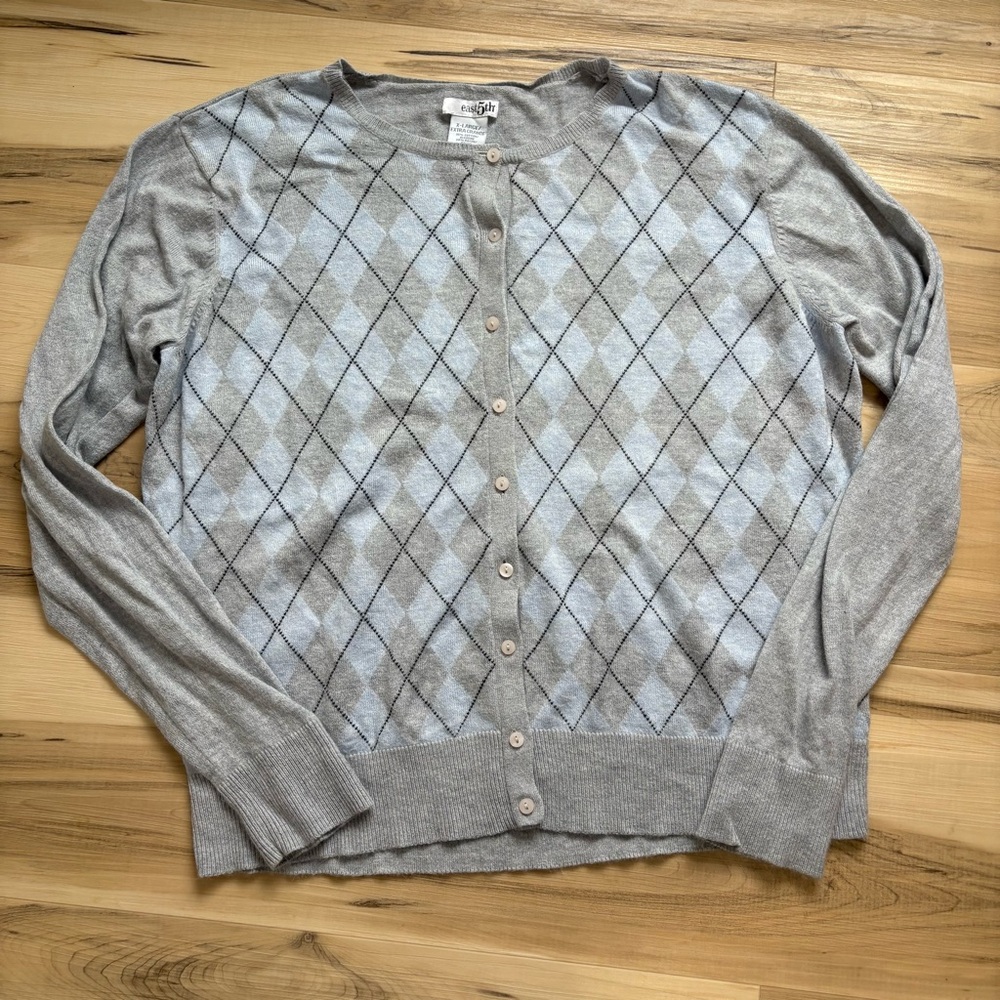 Preppy Academia Gray Argyle Button Front Cardigan Angora Cotton Blend XL